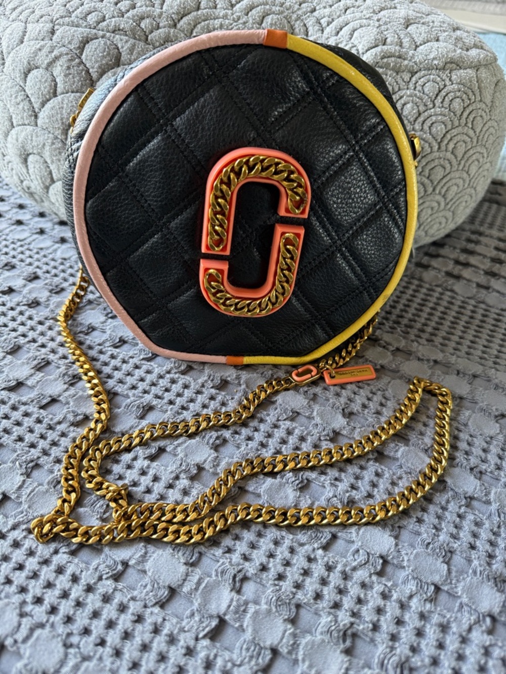 Marc Jacobs Black Quilted Round Crossbody with Pink & Yellow Trim